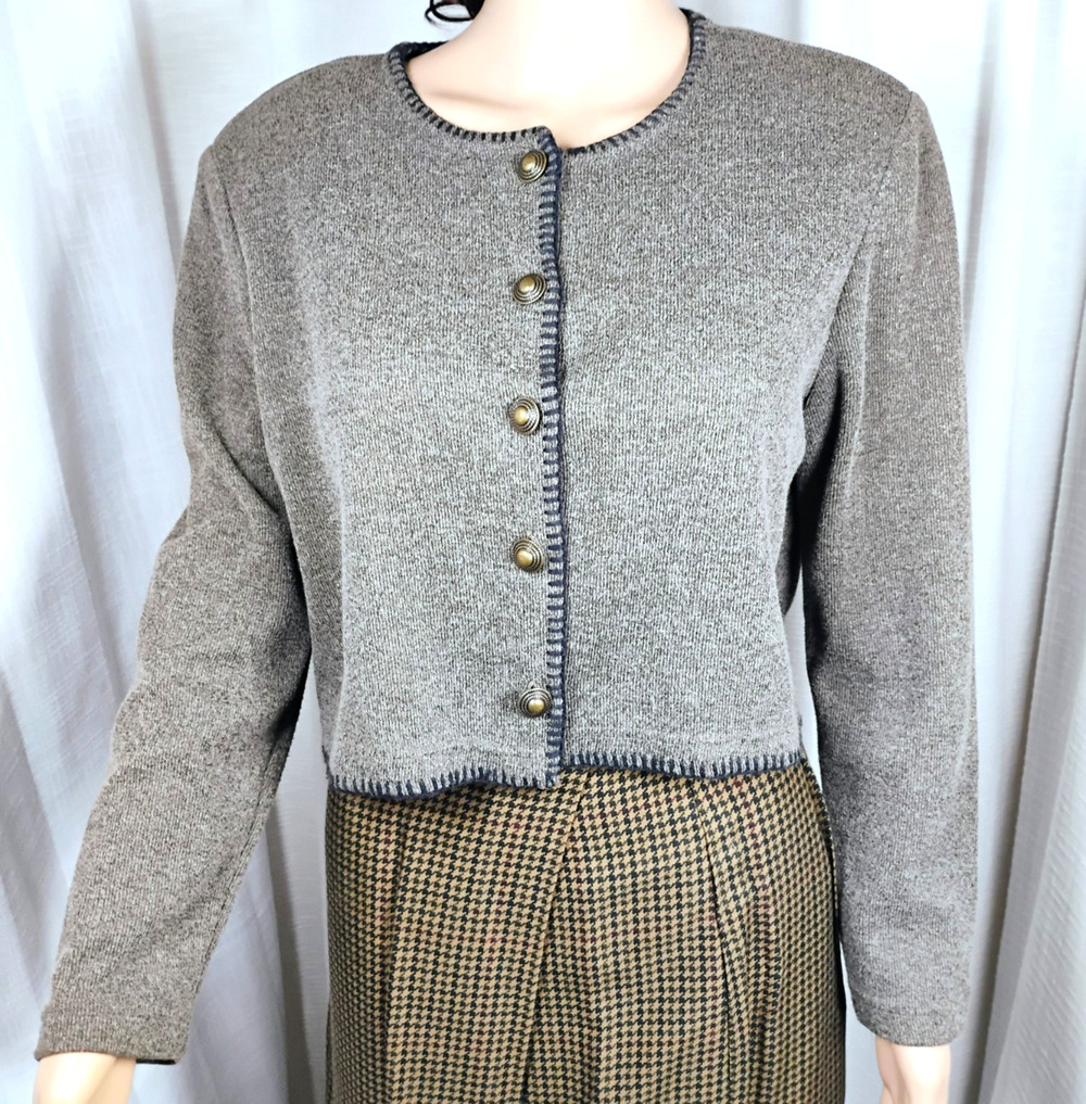 Karin Stevens Petite 12 Cropped Cardigan Heathered Knit Button Front